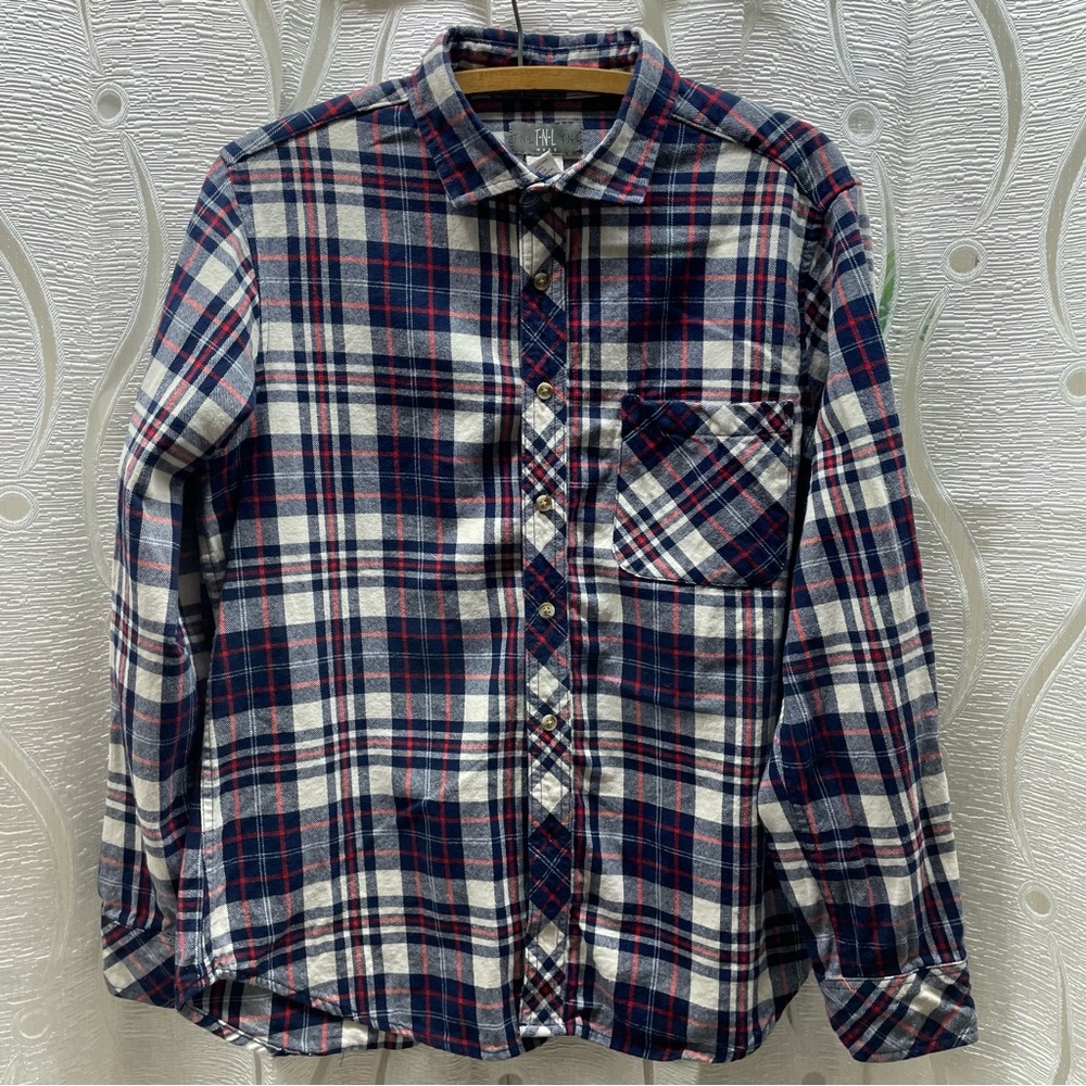 TNL Mode Plaid Button‎ Down Shirt Mens Large Navy Blue Red Cotton Classic